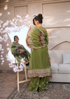 Embroidered Organza Sleeves & Back Daman Border in olive green color.